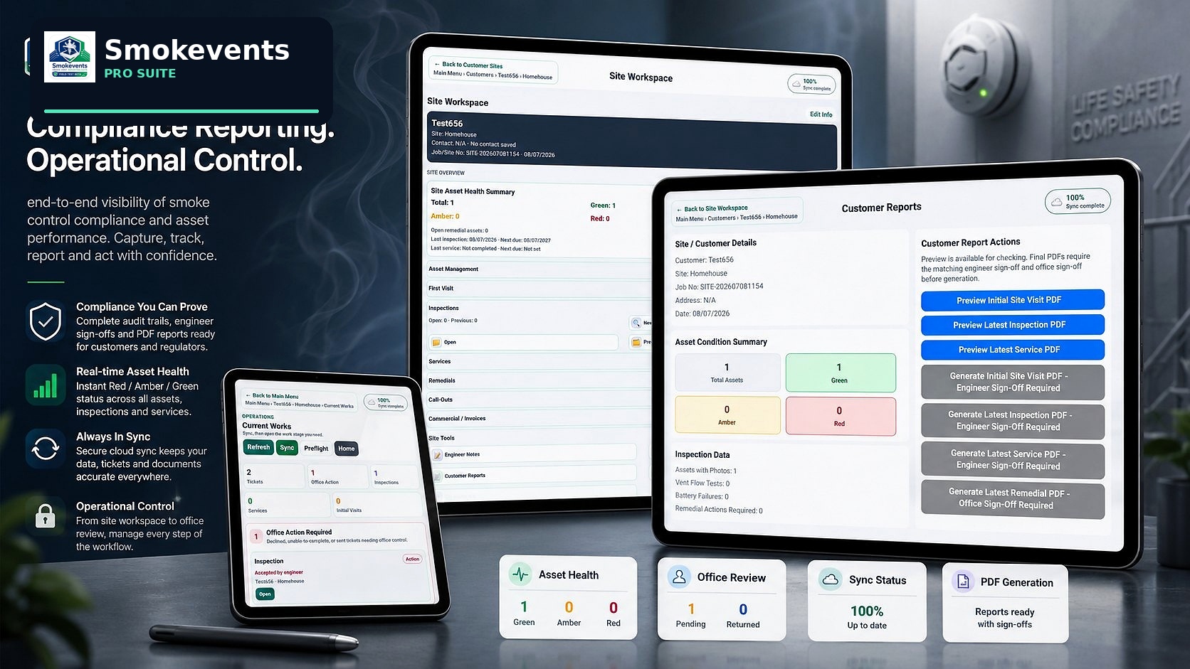 Smokevents compliance reporting product scene with site workspace and customer reports screens