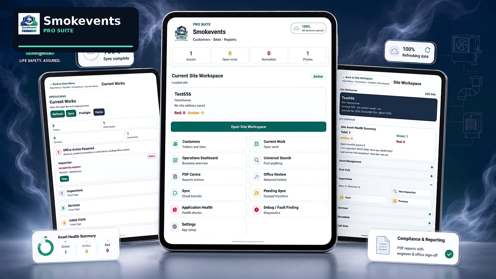 Smokevents Pro Suite dashboard, current works, site workspace and reporting screens in a polished product scene